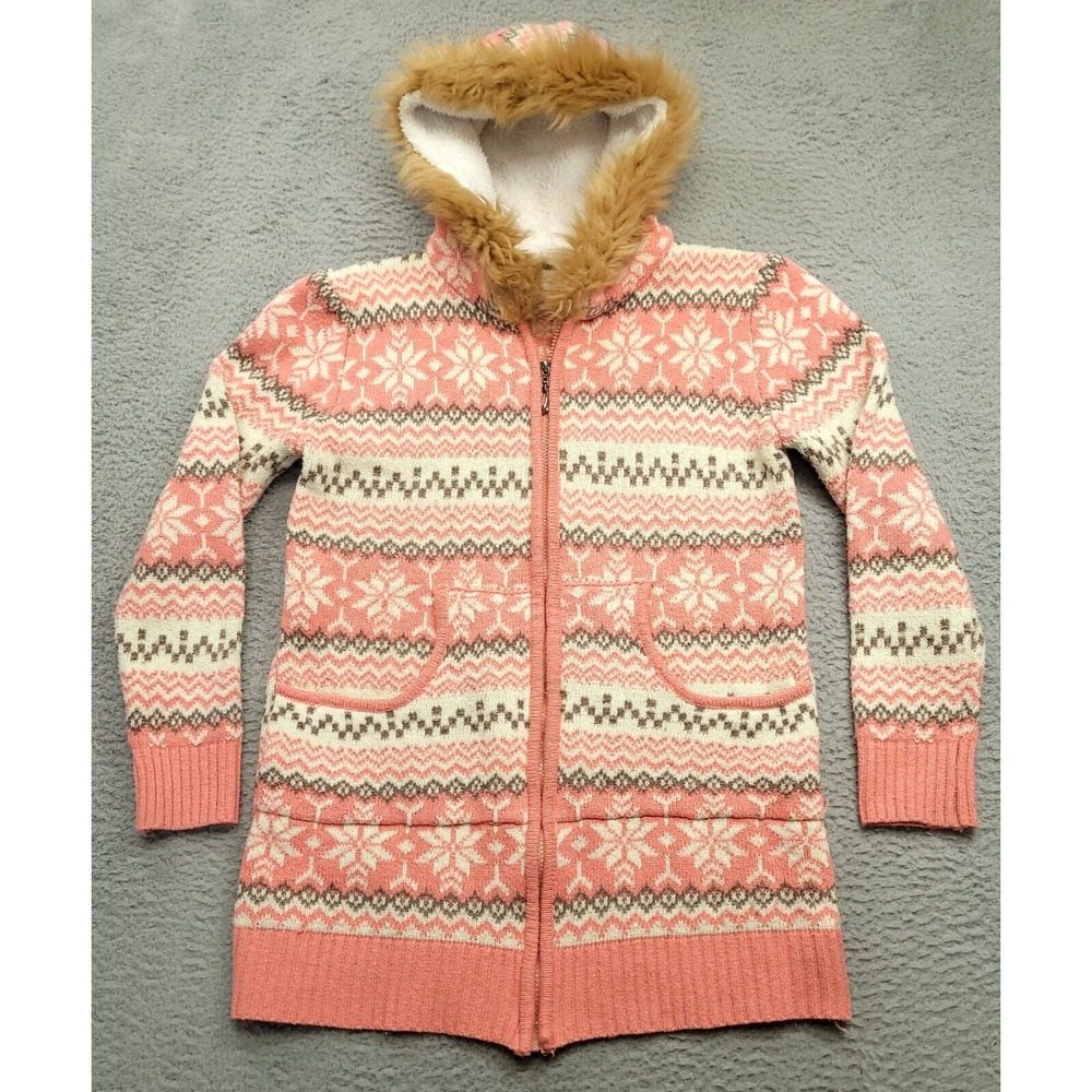Jon & Anna Women's M Full Zip Sweater Cardigan Faux Fur Lined Hood Peach‎